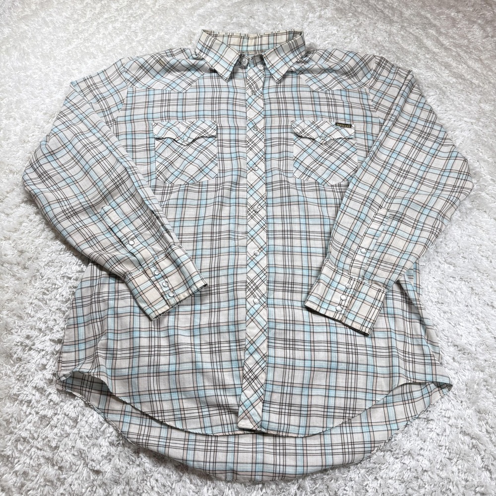 Vintage Roebucks Shirt Mens XL Plaid Western Pearl Snap Cowboy Rock Sears 70's
